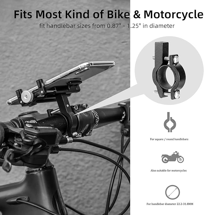 ROCKBROS Bike Phone Holder, Motorcycle Phone Mount, Anti-Shake Cell Phone Holder, 360° Adjustable for iPhone 16, 15 Pro Max/Plus, S9, S10 and More 4.7" to 7" Smartphones，Black