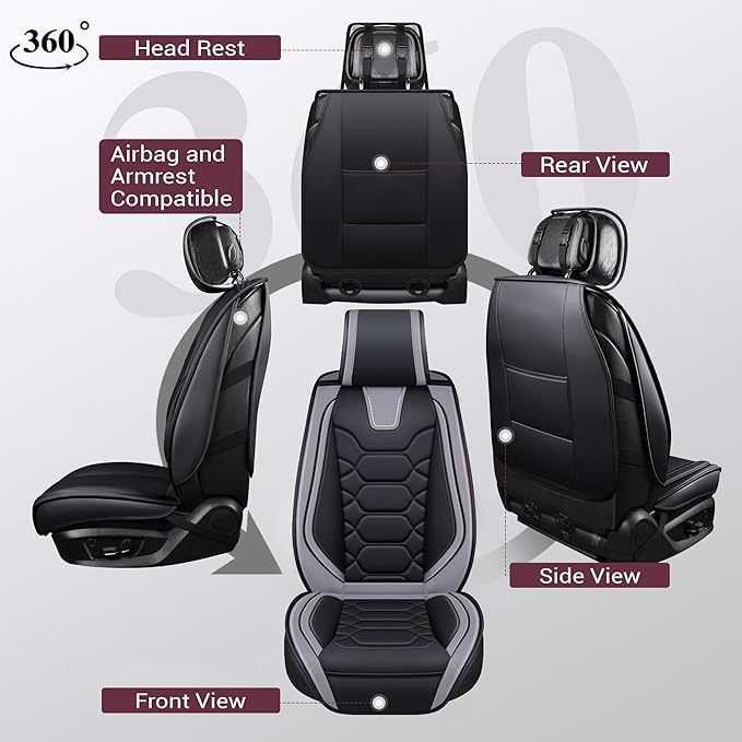 OASIS AUTO Car Seat Covers Front Seats, Waterproof Faux Leather Seat Covers for Cars Universal Fit for SUV, Truck, Sedan, Black Premium Car Seat Protector with Cushions (OS-004 Black&Gray)