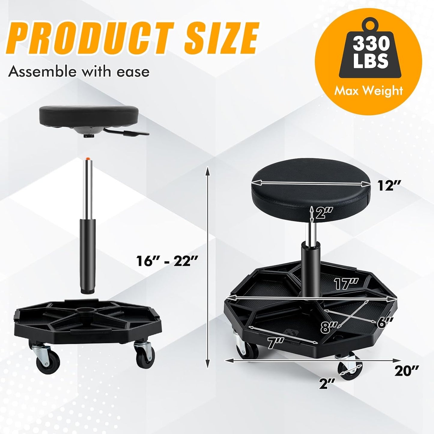 Adjustable Mechanic Rolling Stool, Pneumatic Rolling Stool with Wheels, Tool Storage Tray & Padded Seat Cushion, Garage Stool Chairs Creeper Seat (Black)