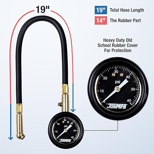 Tire Pressure Gauge for Cars and Trucks. 0-60 PSI Calibrated to ANSI B.40.1 Accuracy. Large 2 Inch Easy to Read Gauge and Long Hose with 360 Degree Rotation at Each End.
