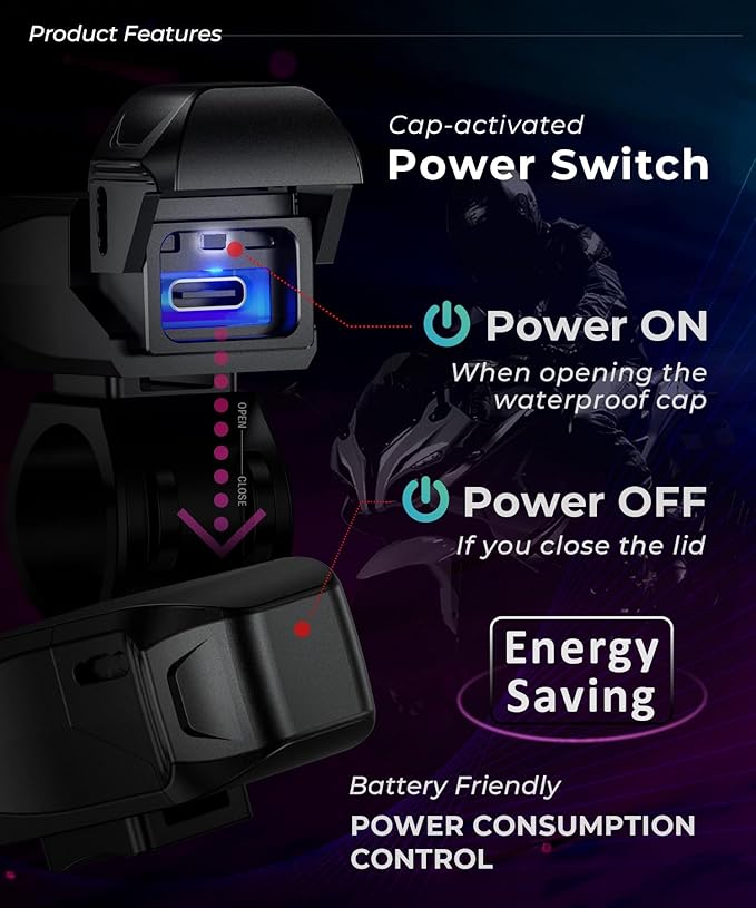 KAEDEAR Motorcycle USB Power Supply Waterproof Phone Charging Port SAE DC 12V Fuse Power Switch, Type C + Type C, Ultra-Fast Charging 5V/9V/12V, Light-Guided USB Charger KDR-M3-CC