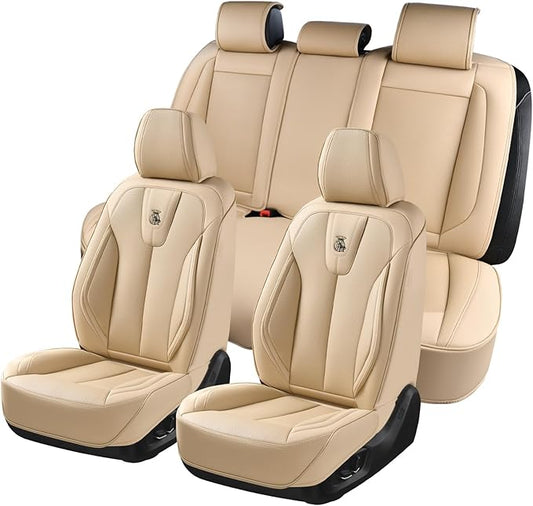 Universal Leather Seat Covers Full Set, Waterproof Seat Cover for Cars 5 Seats, Luxury Leather Car Seat Cushion, Front and Rear Protectors Automotive Seat Covers for Most Cars SUV Pick-up, Beige