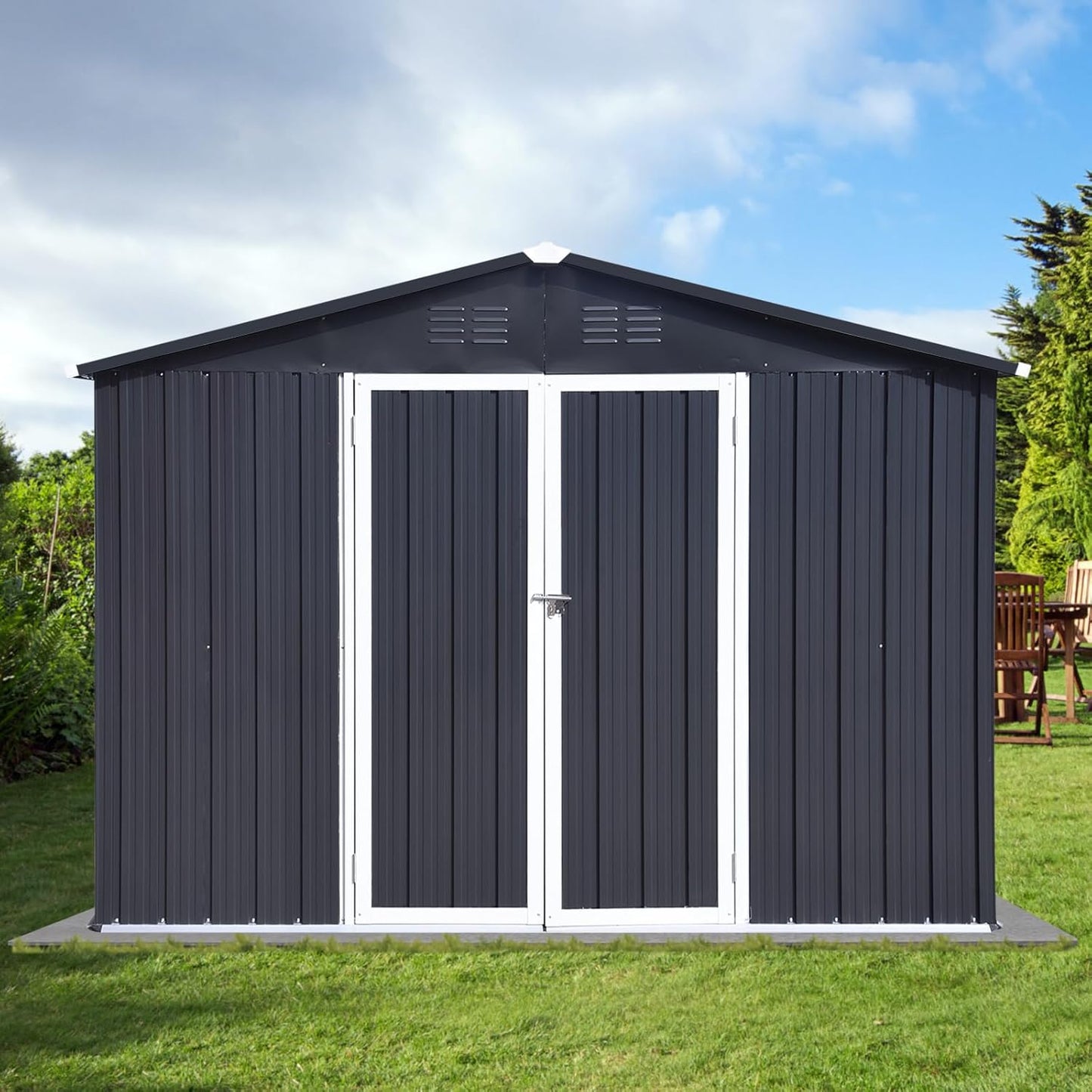 12 x 10 FT Metal Garden Shed, Outdoor Storage Shed with Heavy-Duty Steel Construction, Built-in Punched Vents & Hinged Door, Free Padlock for Secure Backyard, Patio & Garage Storage, Dark Grey