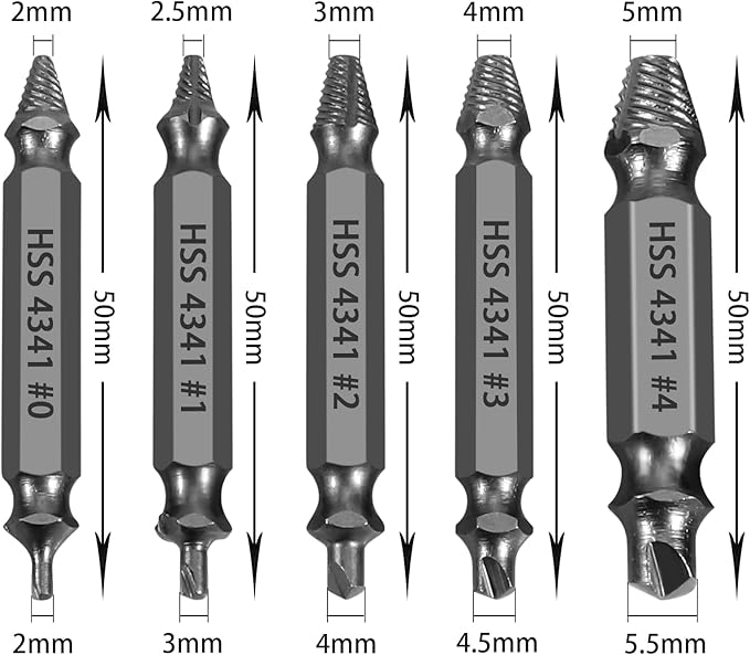 HSS 4341 Damaged Screw Extractor Set, 5-Piece Drill Bit Kit for Stripped Screws and Bolts, Grey, 2-14mm Range, High-Speed Steel with Storage Case