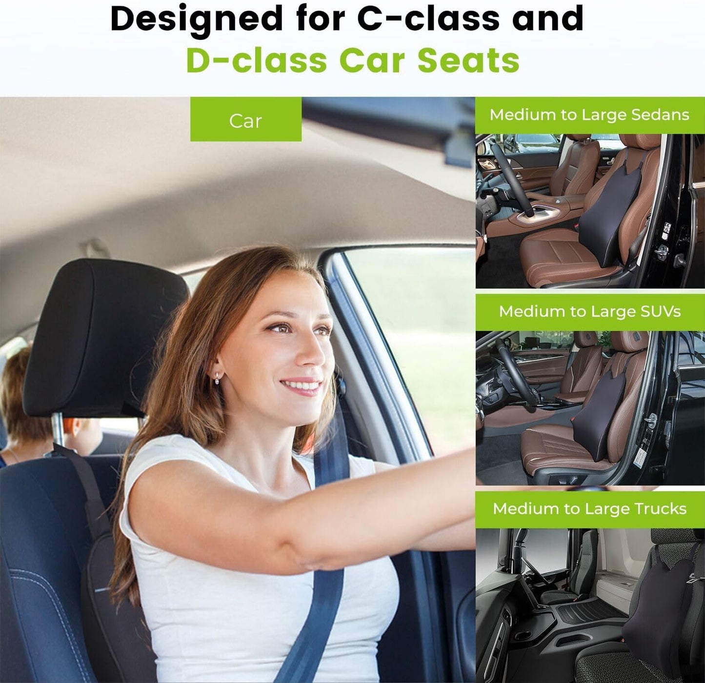 Lumbar Support Pillow for Car - Back Support for Medium to Large Vehicles - Soft Memory Foam Car Seat Cushion for Back Pain Relief - Dual Adjustable Straps Securely Fixed Car Lumbar Support -Black