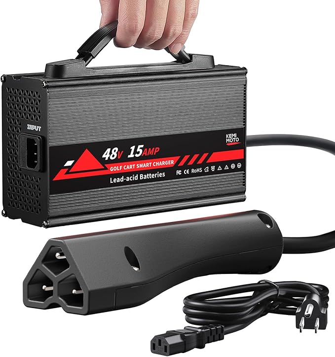 KEMIMOTO 48V Golf Cart Charger for EZGO RXV/TXT, 15A Golf Cart Battery Charger, Overcharge Protection, Full in 4-6H, Trickle Charge, 16 ft, 3-Pin Triangle Plug, for Lead Acid Battery
