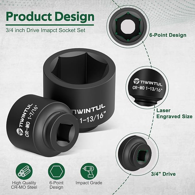 3/4" Drive Shallow Impact Socket Set, 16PCS 6-Point SAE (3/4” to 1-13/16”), 13/16” Square Socket, Heavy Duty Impact Socket Set with 1/2"F to 3/4"M Adapter for Auto, Truck, Large Equipment