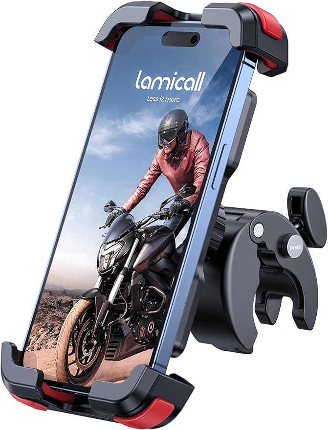 Lamicall Motorcycle Phone Mount, Bike Phone Holder - Upgrade Quick Install Handlebar Clip for Bicycle Scooter, Cell Phone Clamp for iPhone Air, 17 16 15 Pro Max, Galaxy, 4.7-6.8" Phones, Red