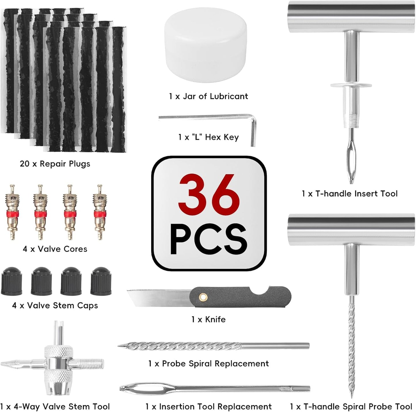 PINKJOY Tire Plug Kit with Plugs 36 Pcs for Car, Motorcycle, ATV, Jeep, Truck, Tractor Flat Tire Puncture Repair Tools