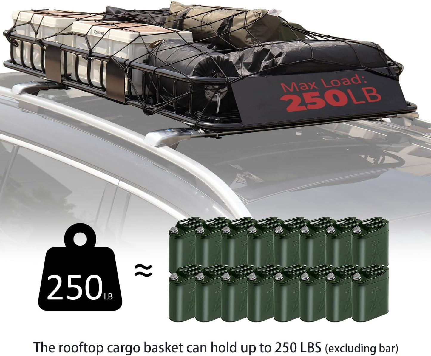 FORWODE Roof Rack Carrier Basket, 64" x 39" x 6" Rooftop Cargo Carrier with 250 lbs Capacity, Rust-Proof Steel Heavy Duty Car Top Luggage Basket with Waterproof Cargo Bag, Net and Straps