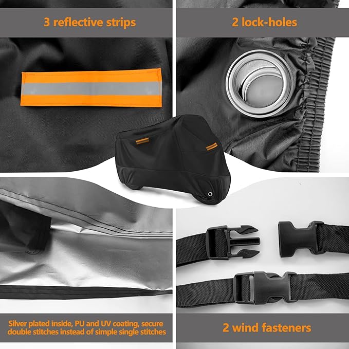 Universal Motorcycle Cover Waterproof Outdoor Storage All Weather Rain Snow Sun Winter All Season Durable with Lockholes & Night Reflective Black Oxford 108" Extra Large Heavy Duty Protection