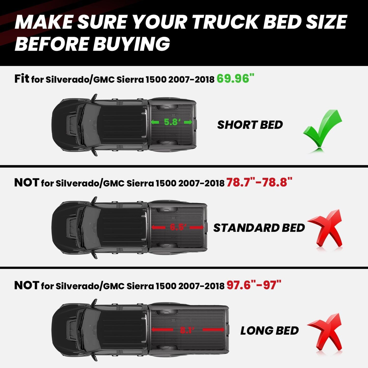 LASFIT Truck Bed Mat 2007-2018 (Only Fit 5.8 FT Bed, Not Fit 6.5FT/8.1FT Bed) for Chevrolet Silverado/GMC Sierra 1500, All Weather TPE Custom Fit Bed Liner, 2007 New Body Only, 1PC Black