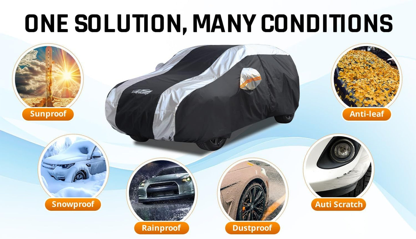 SUV Cover Waterproof All Weather Protection with Silver Stripe Design, Car Cover Universal Fit Ford Explorer, Toyota Highlander, Honda Pilot, Dodge Durango, BMW X5 X6, Lexus RX350