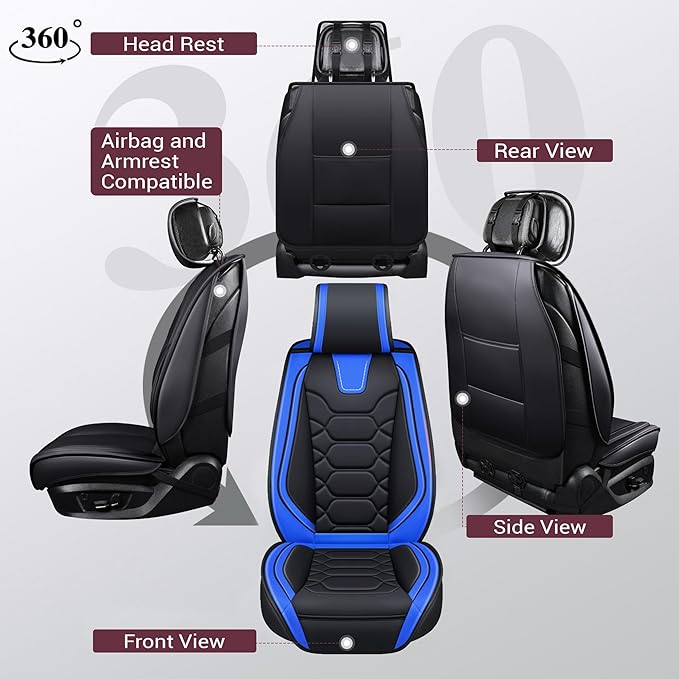 OASIS AUTO Car Seat Covers Front Seats, Waterproof Faux Leather Seat Covers for Cars Universal Fit for SUV, Truck, Sedan, Black Premium Car Seat Protector with Cushions (OS-004 Black&Blue)