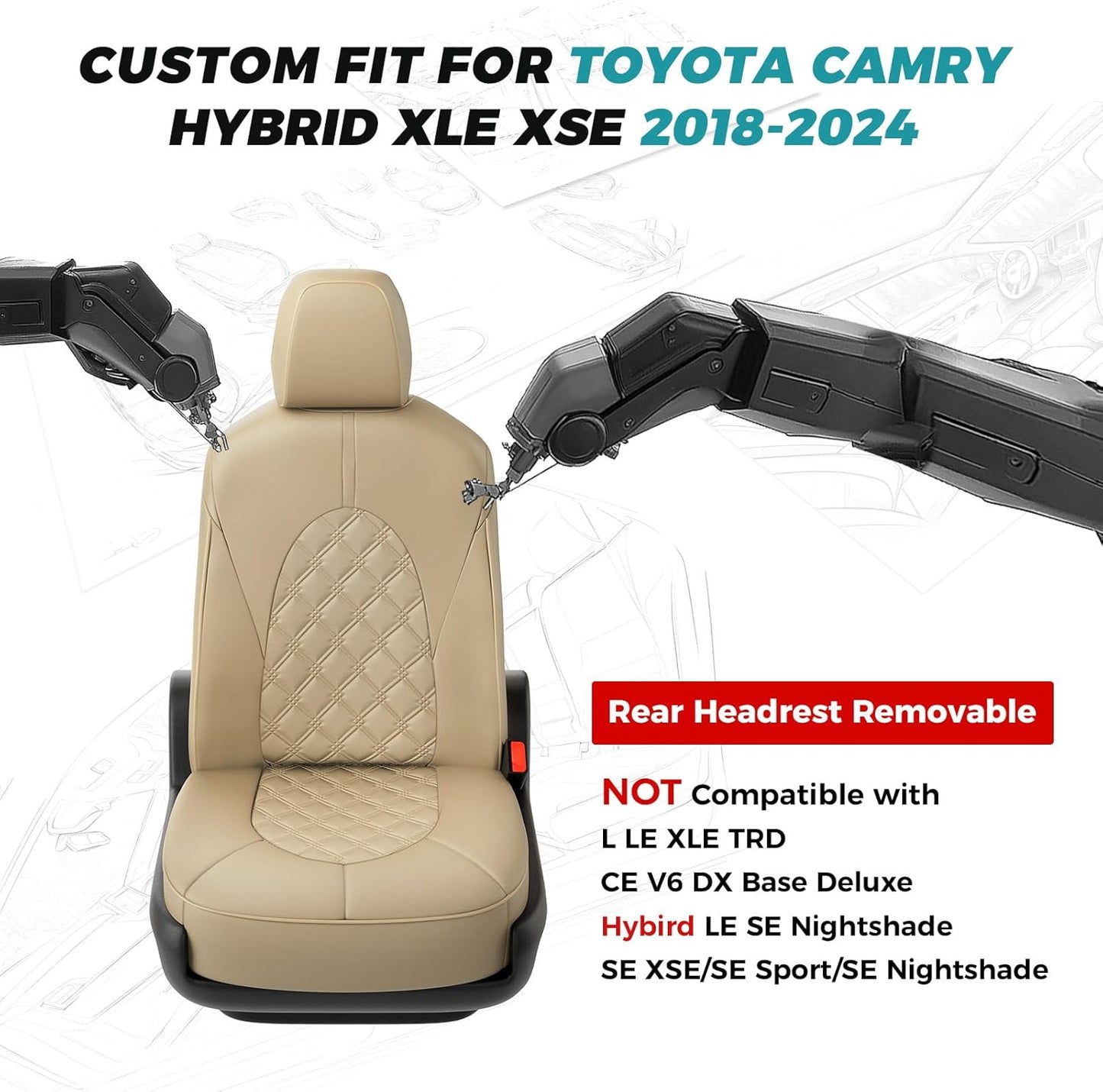 for Toyota Camry Seat Covers Hybrid XLE XSE 2018 2019 2020 2021 2022 2023 2024 - Custom Car Seat Cover Full Set, Waterproof Breathable Cushion Protector, Leather Seat Cover for Cars Beige