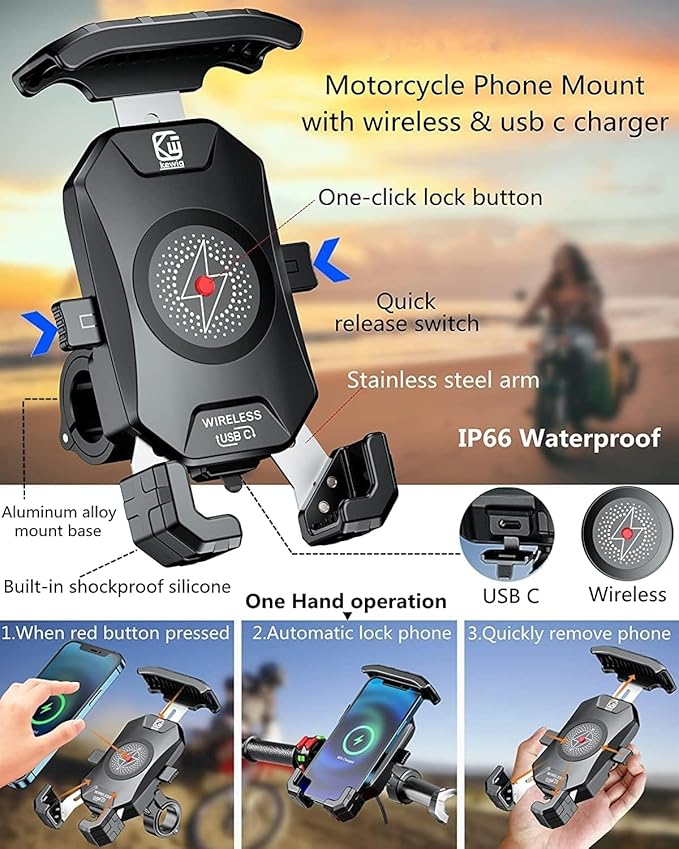 KEWIG Motorcycle Phone Mount Qi 15W Wireless & USB C 20W Fast Chargeing Port, Automatically Lock & Quick Release Handlebar Cell Phone Holder for 4-7'' Phones