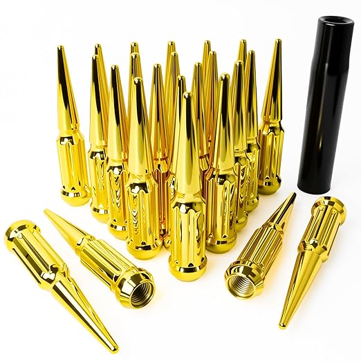 M14x1.5 Spiked Lug Nuts, 3/4" Hex Closed End Nut with 1 Socket Key, Wheel Spiked Lug Nuts for Silverado Sierra 1500 2500 3500, F150 F250 F350, Fit for Aftermarket Wheel (24Pcs,Gold)