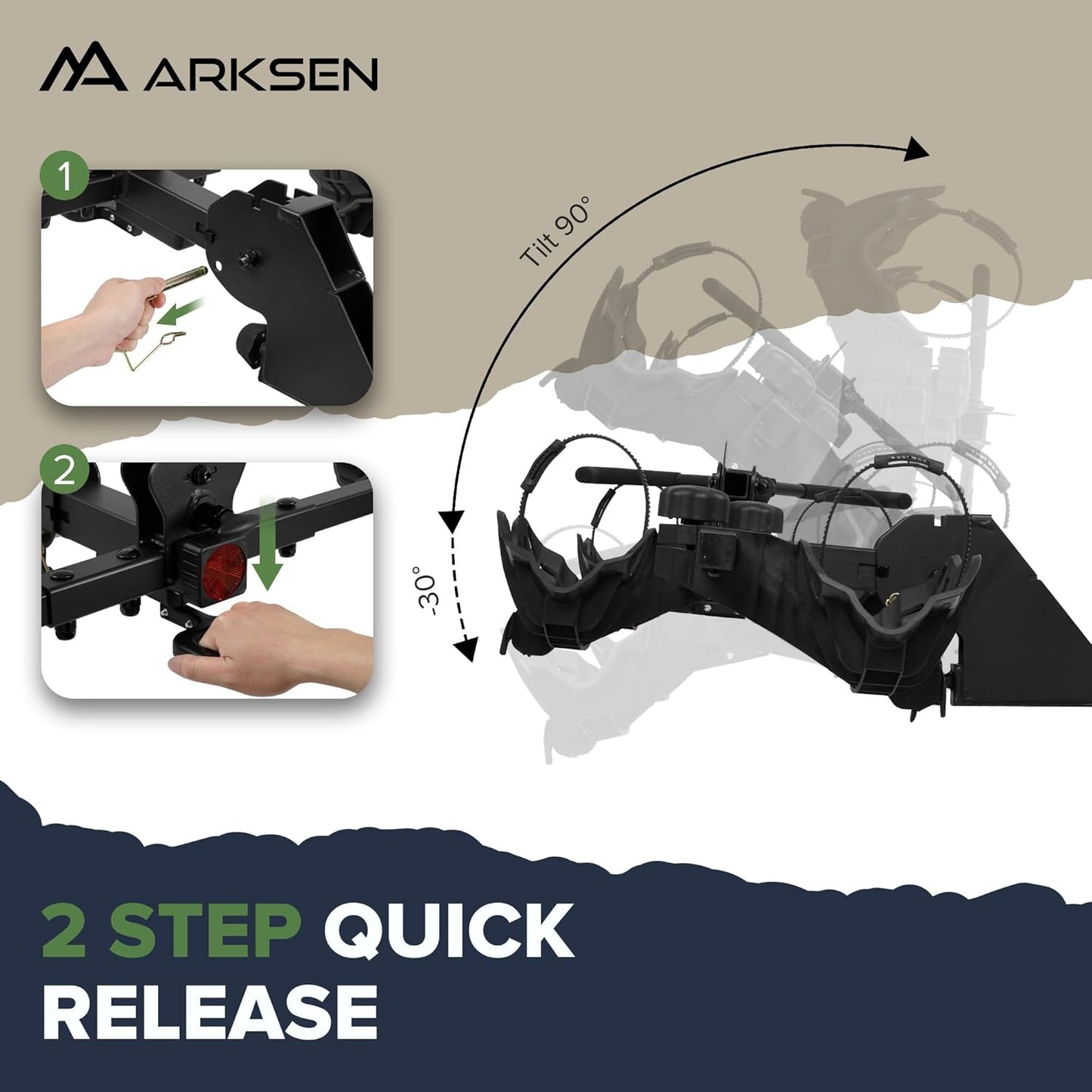 Arksen Electric Bike Rack Hitch, Foldable Quick Release Smart Tilting 2 Ebike Rack Platform Style Carrier w/Car Lock for Up to 5.5" Fat Tires for Car, SUV, Trucks - 170 lbs Heavy Weight Capacity