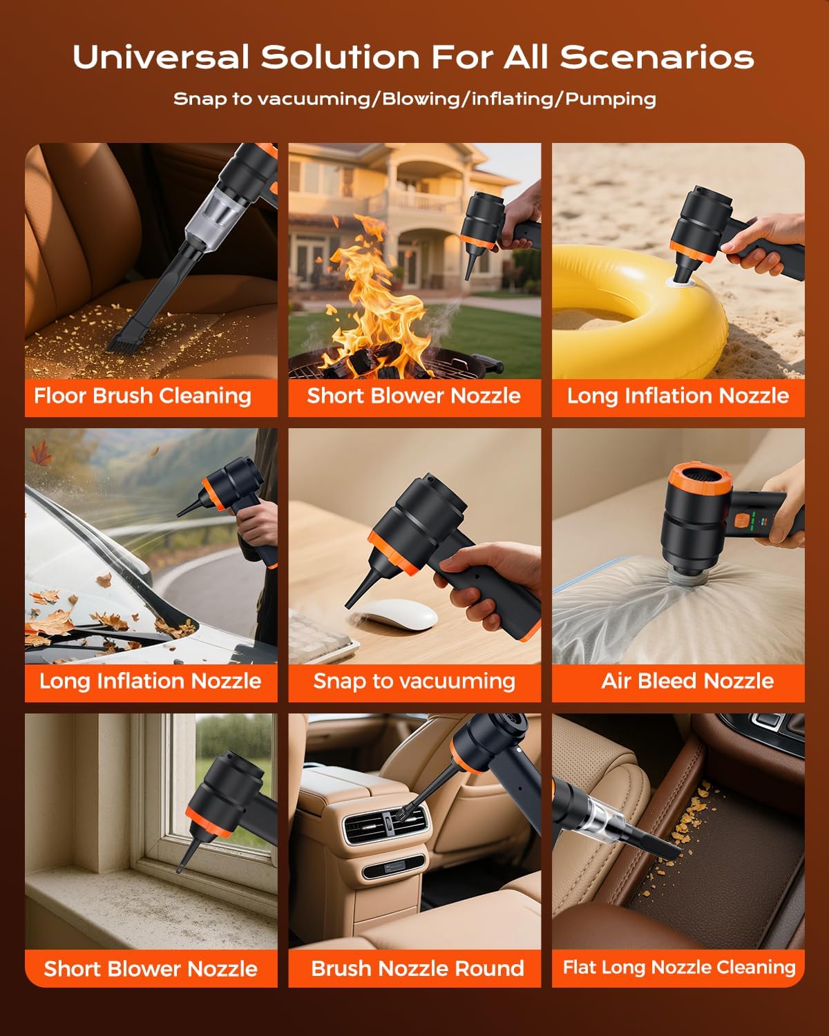 Car Vacuum Portable Cordless, Handheld Vacuum Cordless with 30000PA Suction, 130000RPM, 6800mAh Battery, 10 Nozzles, Rubber Paint Material for Car, Home, Pet Cleaning（Black Orange）