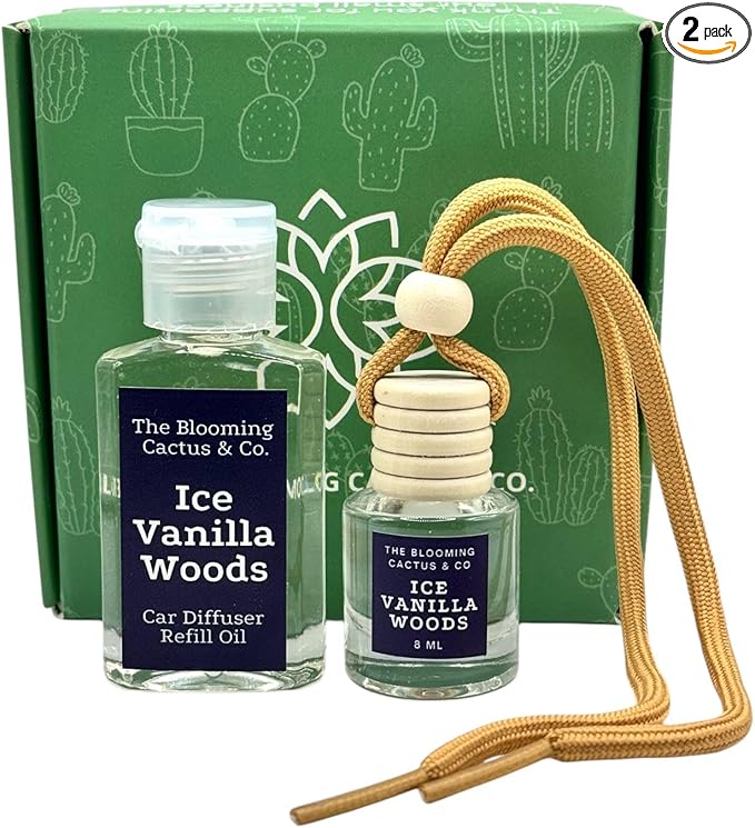 Car Air Freshener with 1 Oz Refill included | Car scented on the go | Car Air Freshener | Long Lasting Hanging Fragrance | Phthalate Free Fragrance. (Iced Vanilla Woods, 8 ml)