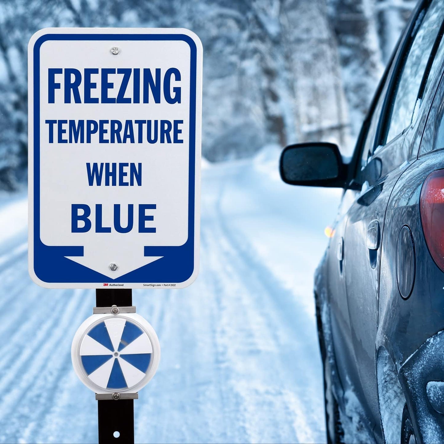 SmartSign Freezing Temperature When Blue Sign with Arrow - 18 x 12 inch, 63 mil Aluminum, 3M Laminated Engineer Grade Reflective Material, Blue and White, Made in USA