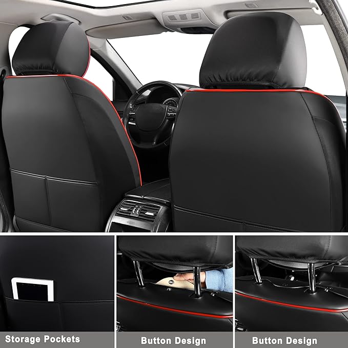 Huidasource Car Seat Covers, Waterproof Leather Vehicle Cushion Covers, Universal Fit Most Car Sedan SUV Pickup Truck, Fit for Jeep Acura Honda Civic Nissan Mazda Dodge Buick (Full Set/Black&Red)