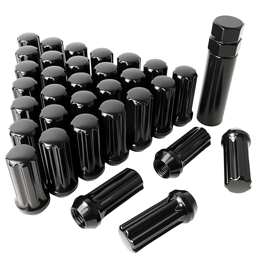 9/16-18 Lug Nuts, Conical/Cone Bulge Seat, Closed End Long Extended XL Spline with 1 Socket Key， Wheel Lug Nuts for Aftermarket Wheels (32Pcs,Black)