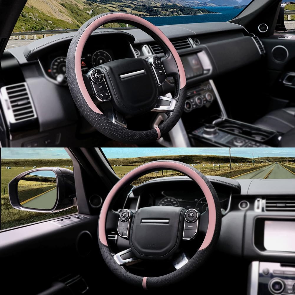 COFIT Breathable Car Steering Wheel Cover 15 inch Auto Universal Leather Wrap Non-Slip Steeringwheel Protector Automotive Interior Accessories, Pink (Suit for 14.5-15 inch)