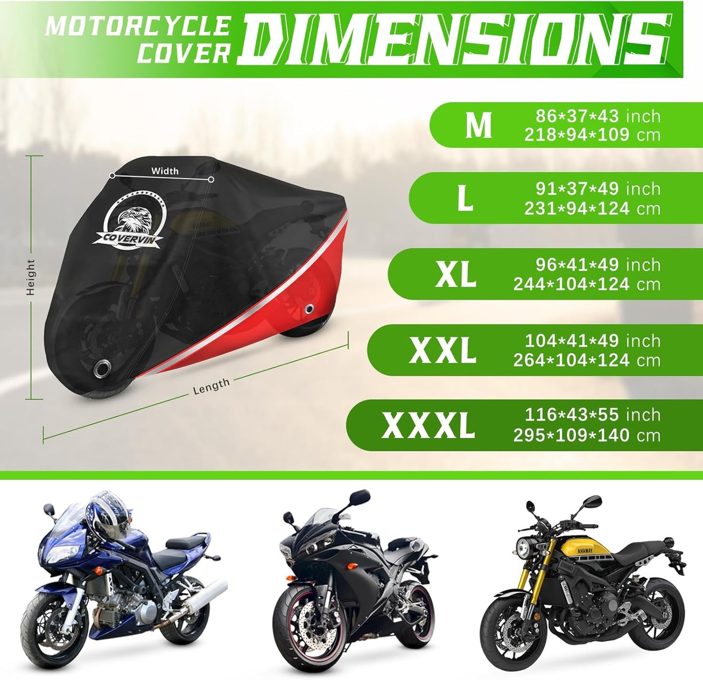 COVERVIN Motorcycle Cover, All Weather Outdoor Waterproof Night Protection with Reflective Strips, Locking Holes and Storage Bag for 116 Inch Suzuki, Kawasaki, Honda, Harley-Davidson(Red XXXL)