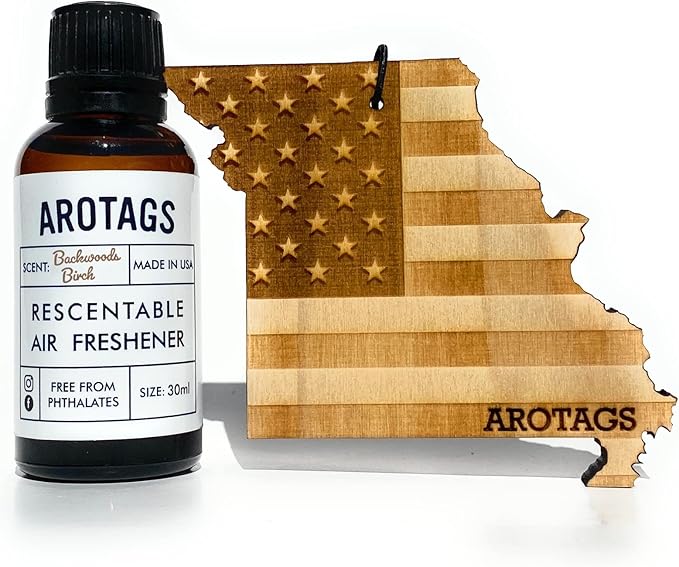 Arotags Car Air Freshener - Reusable Wood Diffuser - Hanging Odor Eliminator - Missouri Patriot - Balsam & Cedar Scent