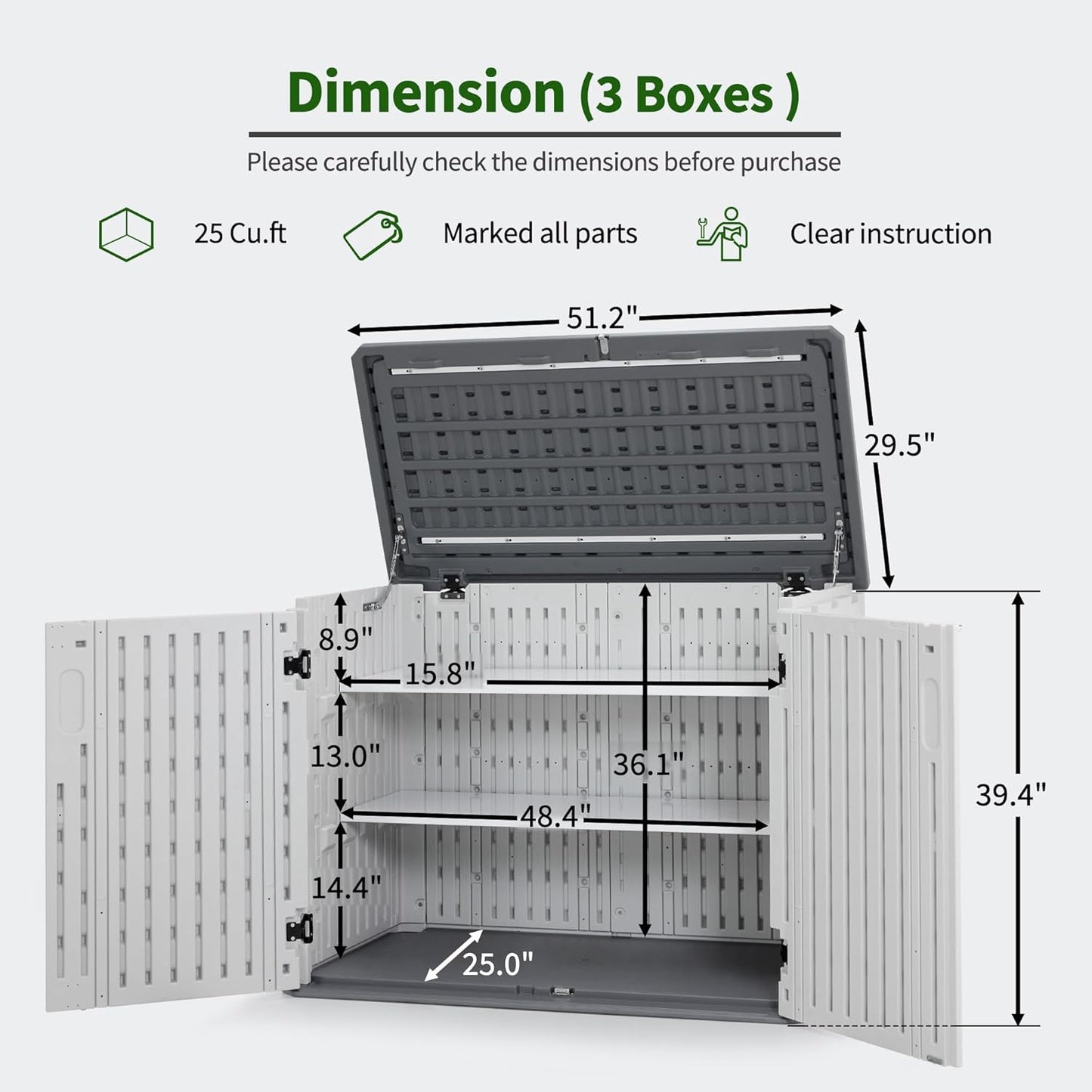 Macrout 25 Cu.Ft Small Plastic Outdoor Storage Cabinet with Shelves, 4.3 x 2.5 ft Waterproof Resin Outdoor Storage Shed with Floor, Lockable Horizontal Shed for Garden and Patio