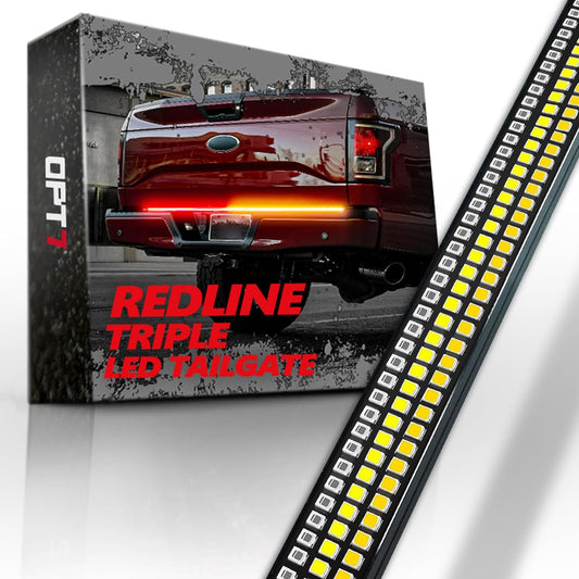 OPT7 60" Redline Triple Row LED Tailgate Light Bar w/Sequential Amber Turn Signal - Weatherproof Rigid Aluminum Frame Light Strip for F150 RAM Silverado Sierra - Full Functions Reverse Brake Running
