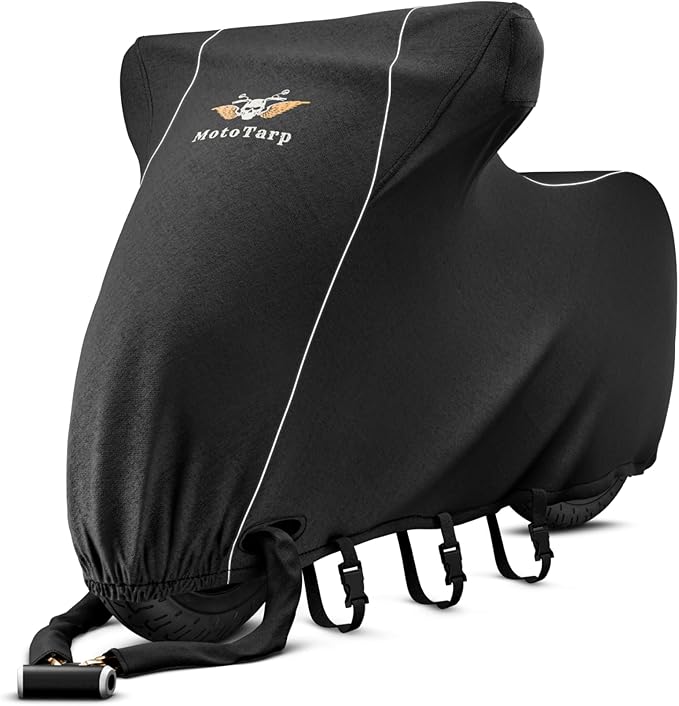 600D Heavy Duty Motorcycle Cover 100% Waterproof; License Plate Window, Exhaust Heat Guard, Night Reflectors, Wheel Lock Slots (Black, Large 90X35X52)