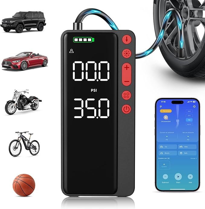 Tire Inflator Portable Air Compressor, 10000mAH&150PSI Smart APP Cordless Air Pump For Car Tires, Built-in Accessories Storage, Bike Pump with Digital Gauge&LED Light for Motorcycle, Ball