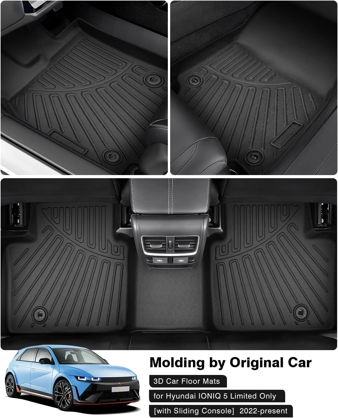 Powerty Floor Mats for 2022-2025 Hyundai Ioniq 5 Limited Only (with Sliding Console) Accessories Liner Set TPE 3D Car Mats All-Weather Custom Fit Floor Liners