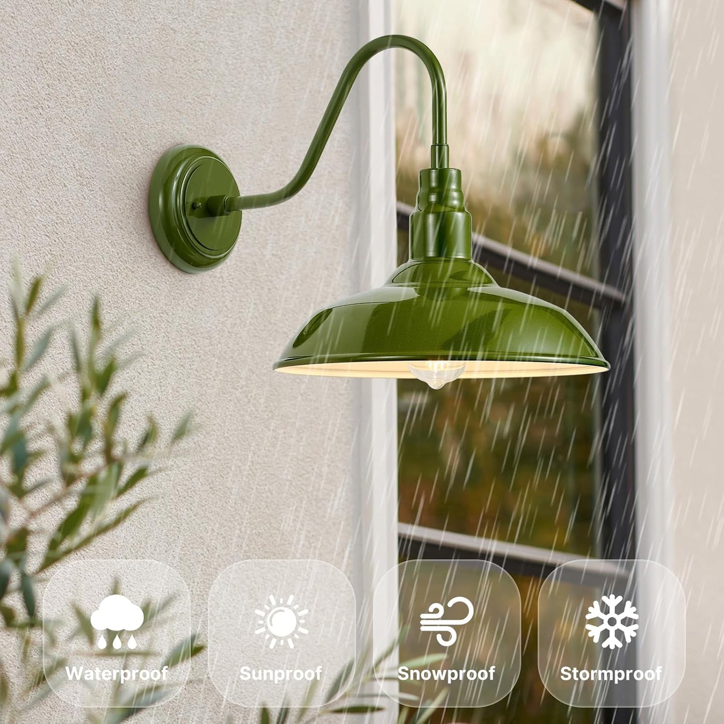 14in Outdoor Gooseneck Lights for Farmhouse, Barn Style Goose Neck Wall Light Fxiture with Wall Mount, Olive Green Exterior Porch Sconce for Patio, Garage, House