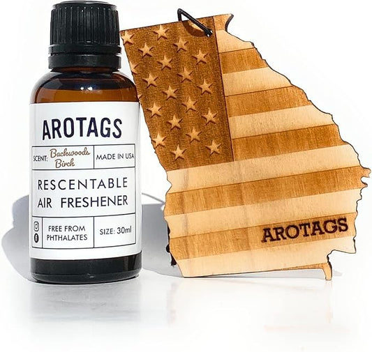 Arotags Car Air Freshener - Reusable Wood Diffuser - Hanging Odor Eliminator - Georgia Patriot - Backwoods Birch Scent