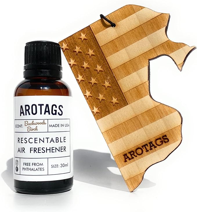Arotags Car Air Freshener - Reusable Wood Diffuser - Hanging Odor Eliminator - Rhode Island Patriot - Backwoods Birch Scent