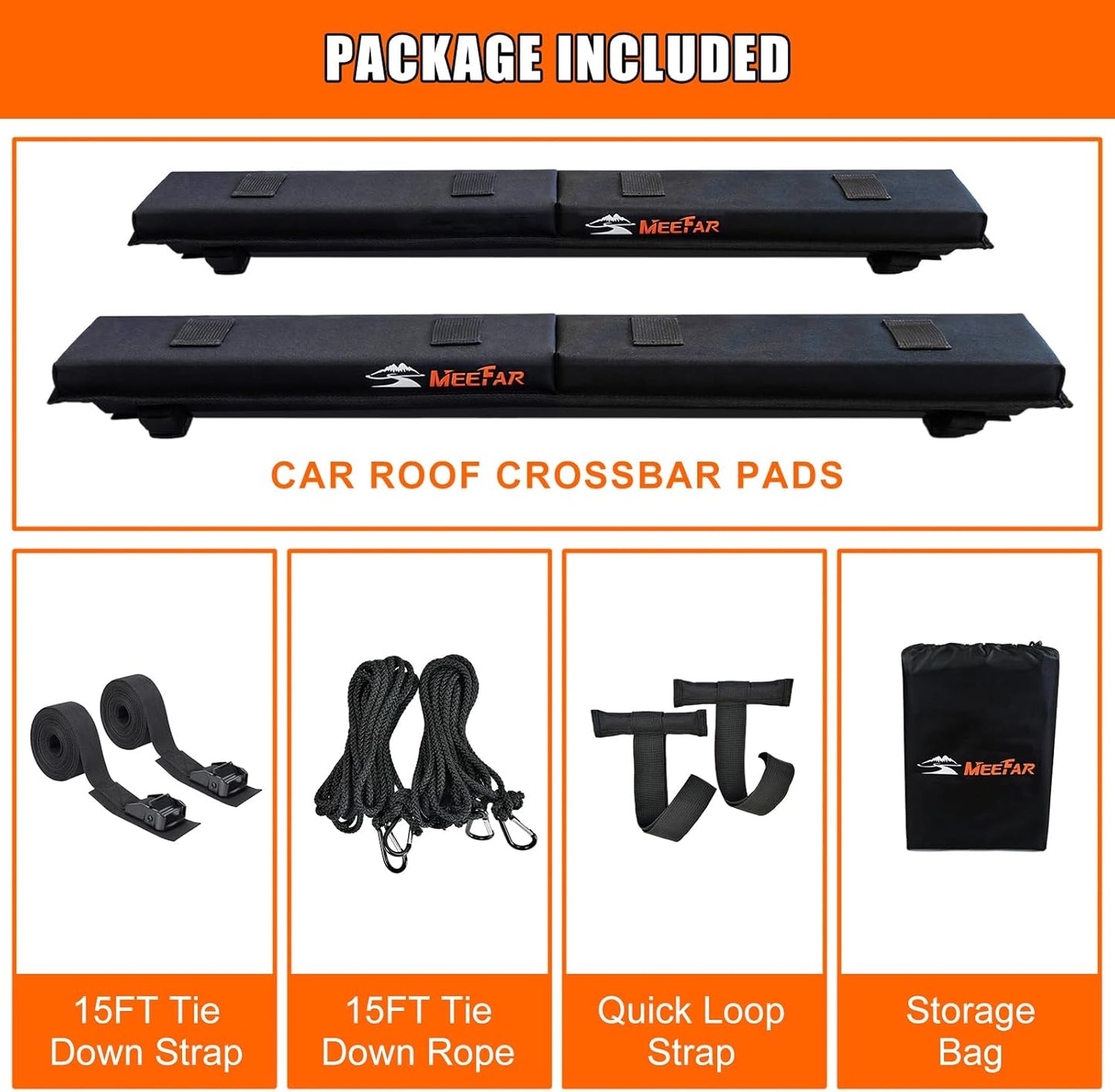 MeeFar Universal Roof Rack Pads Fit on Cross Bars - for Kayak/Surfboard/SUP/Canoe with 2 Heavy Duty Tie Down Straps, 2 Tie Down Rope, 2 Quick Loop Strap and Storage Bag
