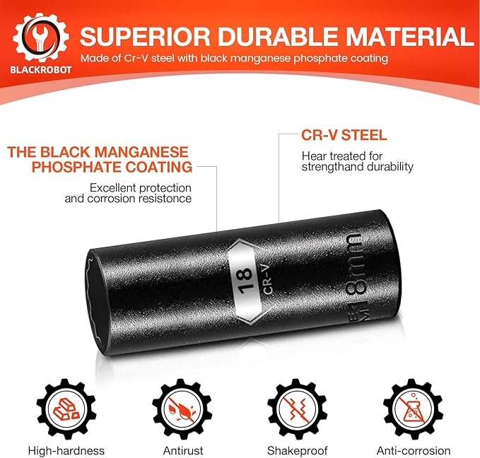 BLACKROBOT 18 mm 12-Point Deep Impact Socket, 1/2 Inch Drive, Metric, Cr-V Steel With Black Manganese Phosphate Coating