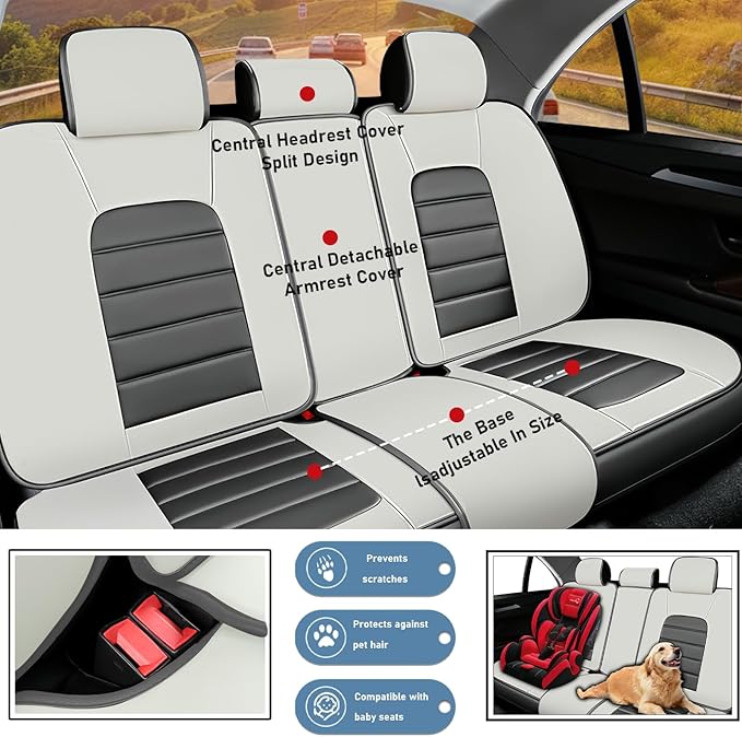Car Seat Covers Fit for Toyota Highlander 2000-2025 | 7 Seat Car Seat Cover | No-Slip Waterproof Breathable Faux Leather Automotive Seat Covers Auto Interior Covers White Gray,Full Set with Pillow