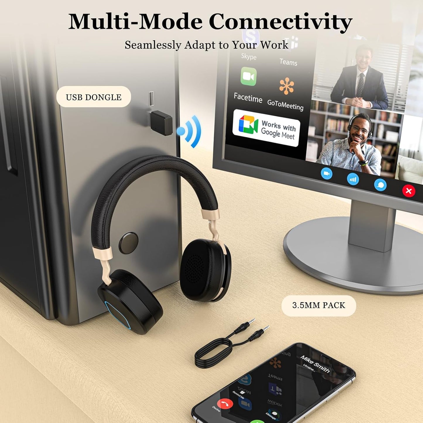 Wireless Headset with Mic for Work, Bluetooth Headphones with Microphone, Hybrid Mode Wireless/Wired, Dual AI Noise Cancellation, Retractable Boom Mic, USB Dongle & Mute for Home/Office/PC/Cell Phones
