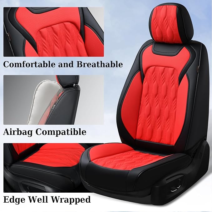 Coverado Car Seat Cover Full Set, Leather Seat Covers for Front and Rear, Waterproof Seat Covers 5 Seats, Luxury Car Seat Protectors Driver Seat Cushions Universal for Most Vehicles, Red