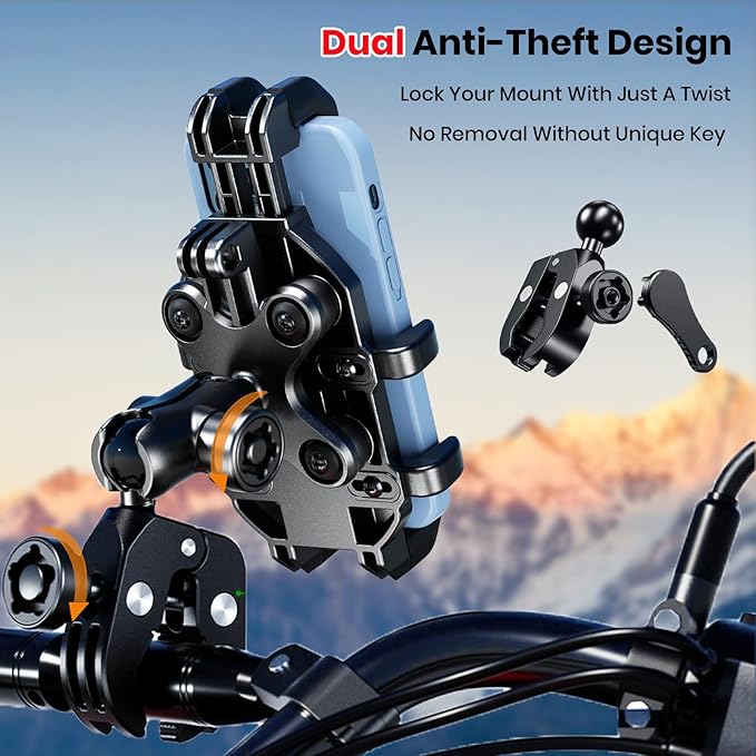 Motorcycle Phone Mount Holder with Vibration Dampener Anti-Shake 720° Adjustable for iPhone 16 Pro Max for Samsung 5.4''-6.9'' Phone Anti-Theft Dirt Bikes(Clamp Base 0.47-1.77" Handlebar)