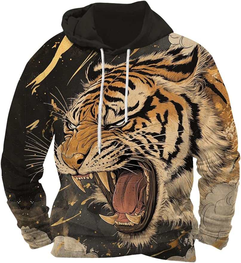 Mens Animal Print Graphic Hoodies Casual Long Sleeve Japanese Art Style Hooded Sweatshirt Lightweight Pullover Tops