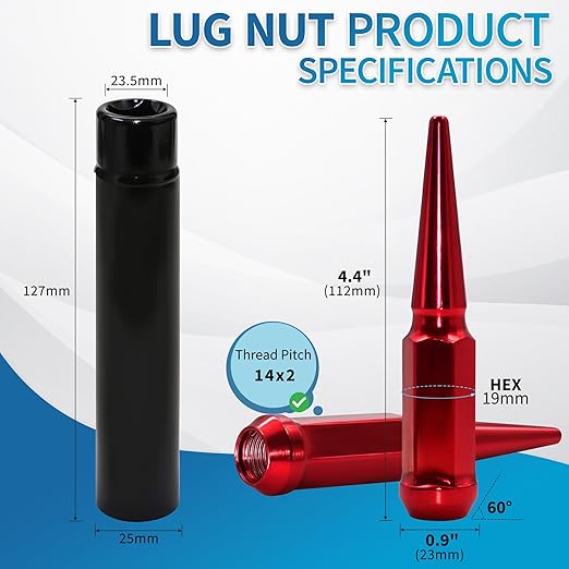 M14X2.0 Red Wheel Spike Lug Nuts, 32 PCS Lug Nut Accessories with 1 Socket Key, Thread Spiked 4.4" Long Closed End Nuts Compatible with 2004-2014 F150, 2003-2014 Expedition