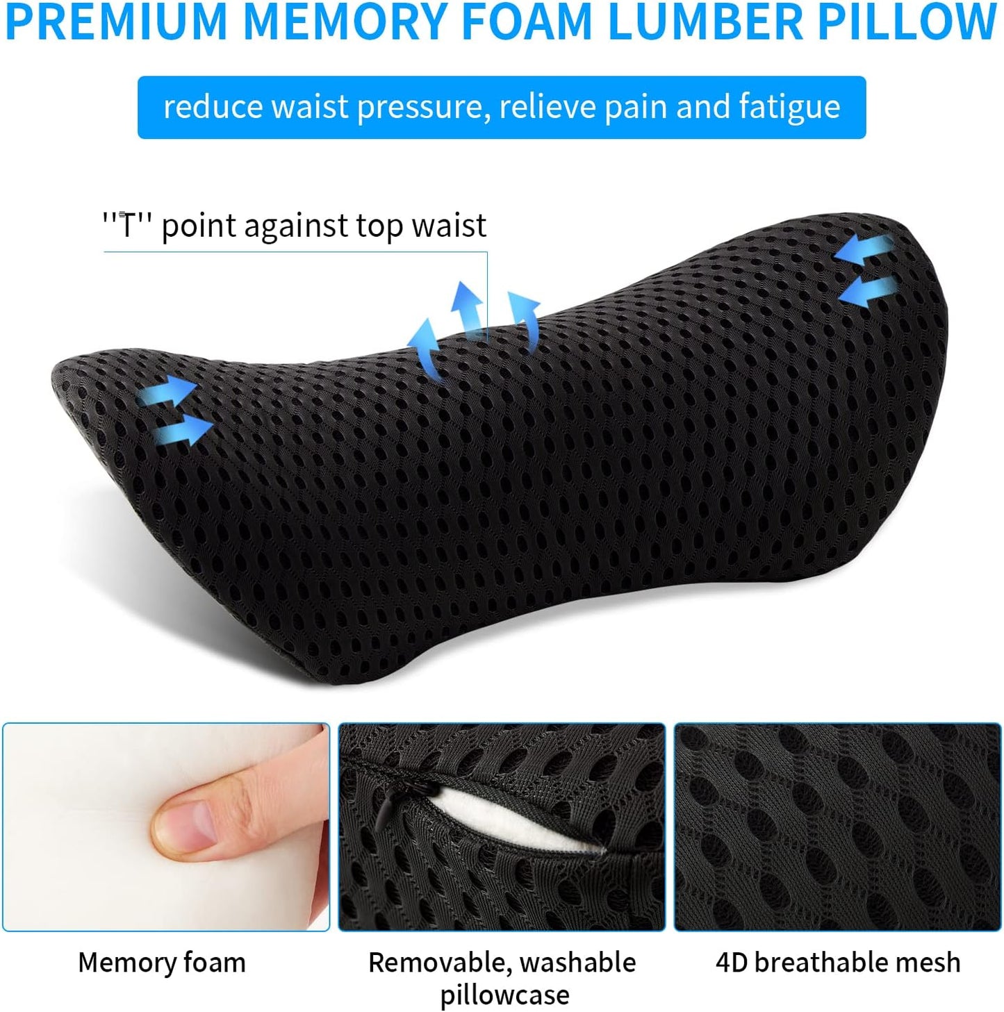 Lumbar Pillow, Memory Foam Lumbar Support Pillow for Office Chair and Car Seat, Back Support Pillow for Lower Back Pain Relief, Support Cushion Back Pillow for Sleeping, Resting, Driving, Traveling