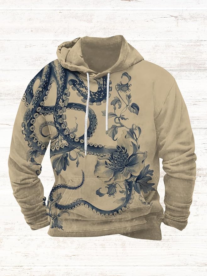 Mens Animal Print Graphic Hoodies Casual Long Sleeve Japanese Art Style Hooded Sweatshirt Lightweight Pullover Tops