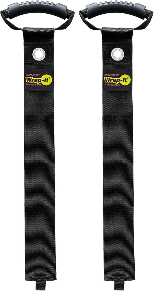 Easy-Carry Wrap-It Storage Straps - 48” (2-Pack) Black with Grommet - Garden Hose Caddy and Cord Wrap for Indoor and Outdoor Cable Organizing