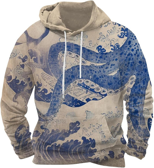 Mens Animal Print Graphic Hoodies Casual Long Sleeve Japanese Art Style Hooded Sweatshirt Lightweight Pullover Tops